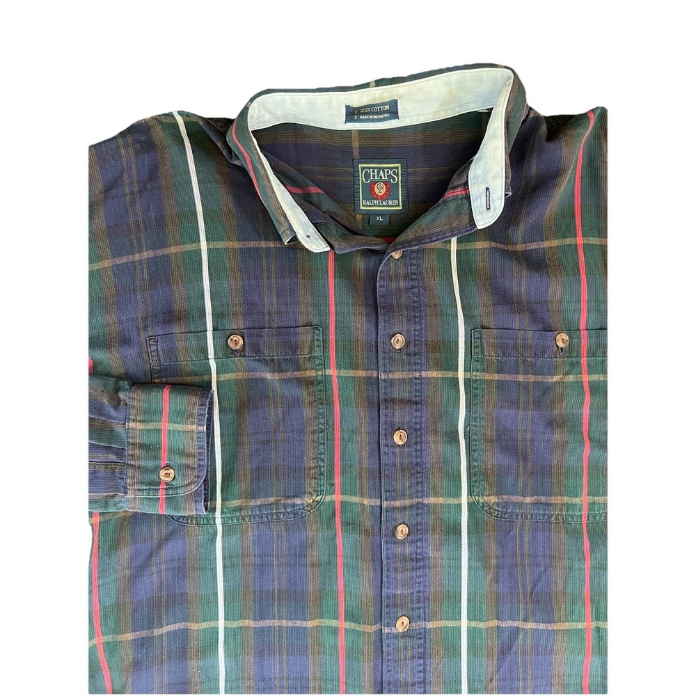 VTG Chaps Ralph Lauren XL Plaid Corduroy Button Down L/S shirt Men 90s Old Money